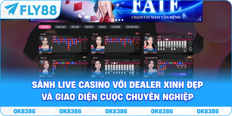 Sảnh live casino FLY88 với dealer trực tiếp và giao diện cược chuyên nghiệp
